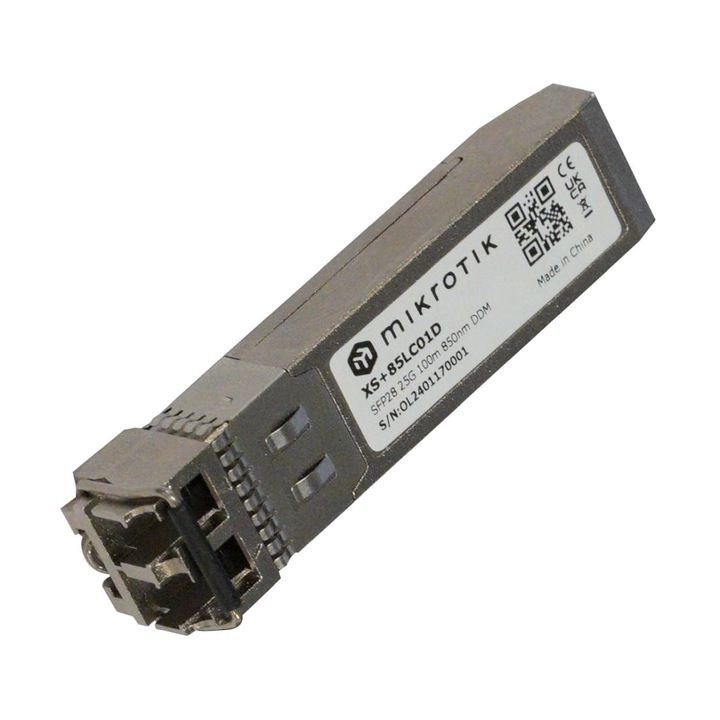 Modul SFP28 MikroTik XS+85LC01D, 25G, LC/UPC, 850 nm, multimode MM, raza pana la 100 m, transmisie de date de mare viteza, ideal pentru retele 25G Ethernet si infrastructuri de tip data center