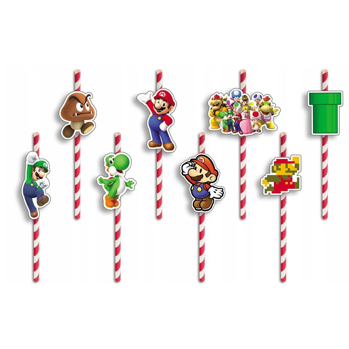 Комплект от 8 сламки за рожден ден, World Case, хартия, Mario