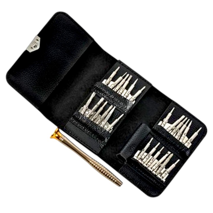 24 db csavarhúzó készlet fém nyéllel, krómozott szénacél, mágneses záródású tokkal, ezüst színű, 20x10 cm