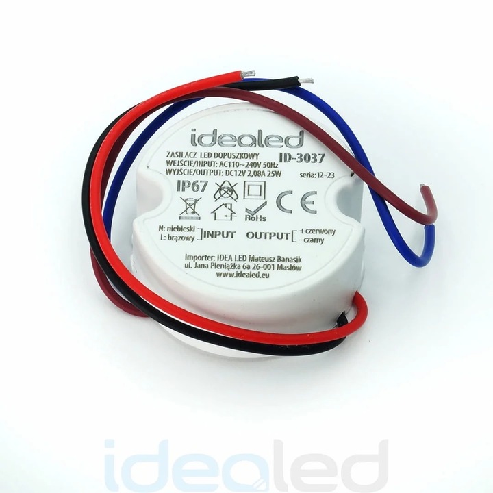 LED трансформатор 12V DC 25W, IdeaLed, IP67, 5x5cm, вътрешен/външен
