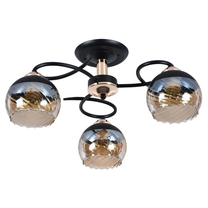Candelabru suspendat Lampex Matera, 3 surse E27, metal/sticla, negru/auriu, 25x54cm