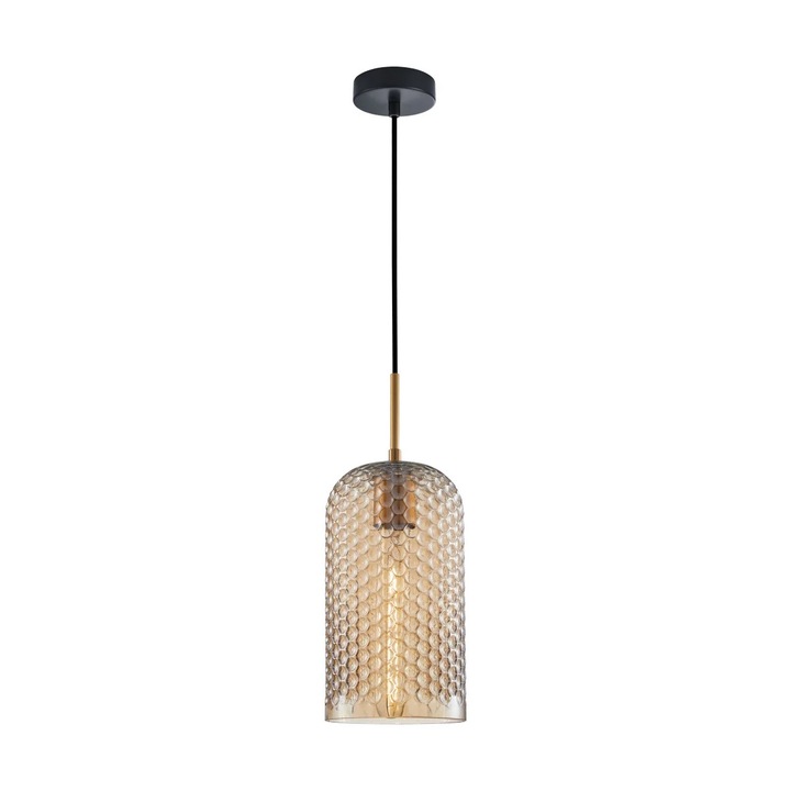 Висящ пендел Italux RENTI, златиста/черна, кехлибарен абажур, 1xE27, 40W, 109,5x14 см, стъкло и стомана, IP20, без крушка