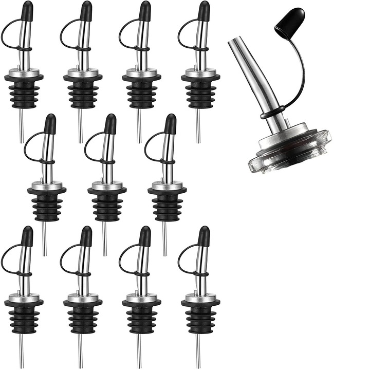 Комплект от 12 капачки за бутилки, неръждаема стомана/гума, универсален размер, черно/сребристо