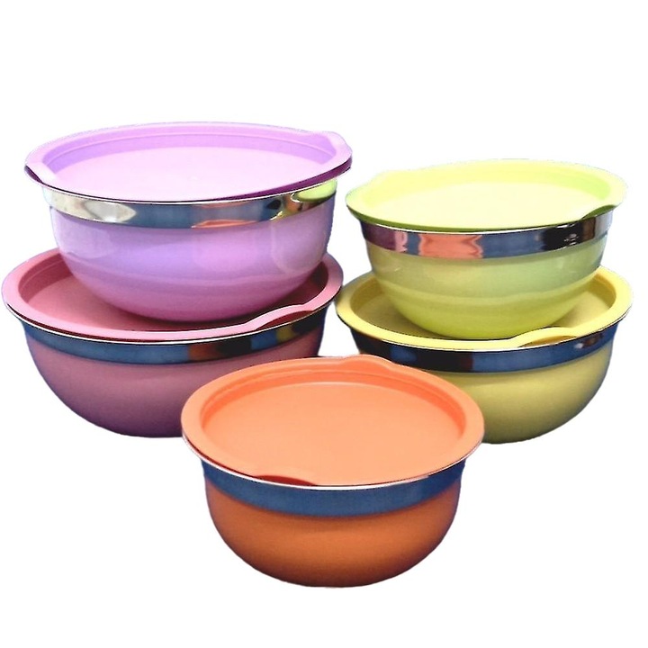 5 db színes rozsdamentes acél tál készlet fedővel