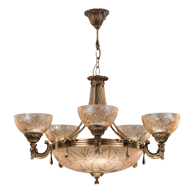 Lustra BUSSY LIGHTING 3034 5 brate ,E27 5x60w+E14 3x40w,alama,metal, finisaj bronz-antiq / sticla-cristal