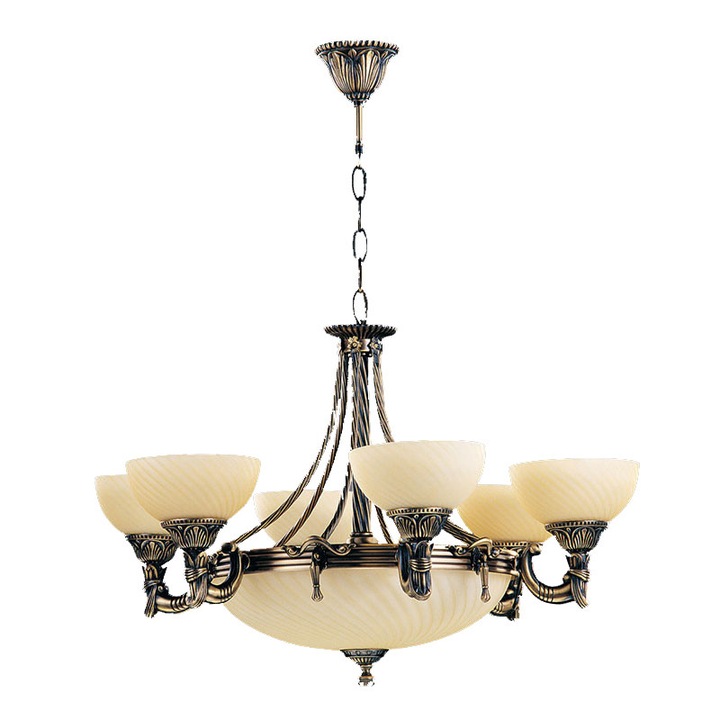 Полилей BUSSY LIGHTING 3035 6 рамена, E27 6x60w+E14 3x40w, месинг, метал, покритие античен бронз / стъкло ананас