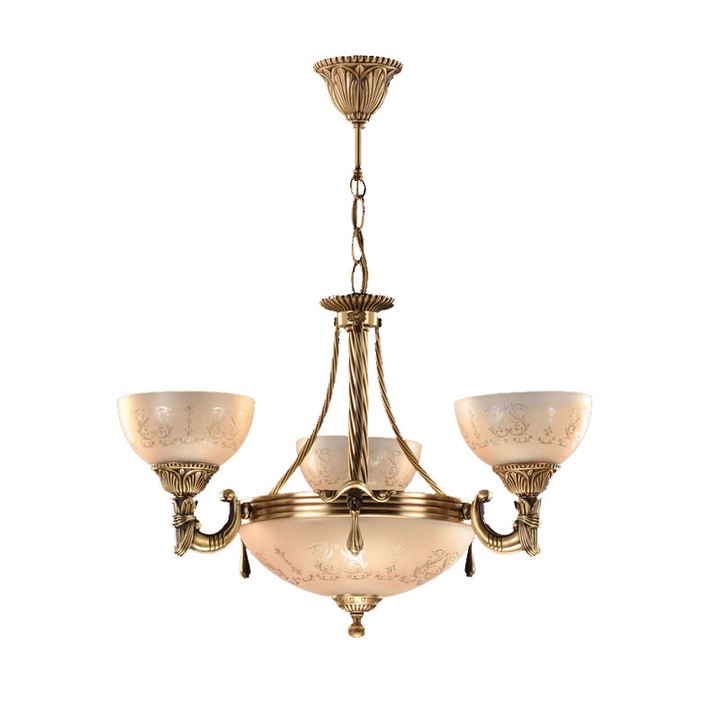 BUSSY LIGHTING 3040 3 karos csillár, E27 3 x 60 W + E14 3 x 40 W, sárgaréz váz, antik bronz / krémszínű üveg kivitel