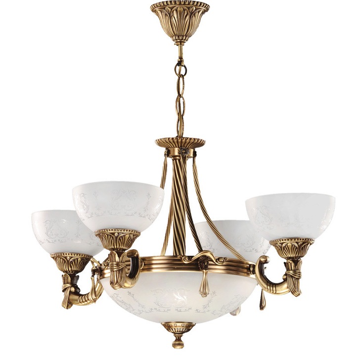 Lustra BUSSY LIGHTING 3040 4 brate ,E27 4x60w+E14 3x40w,alama,metal, finisaj bronz-antiq / sticla alb