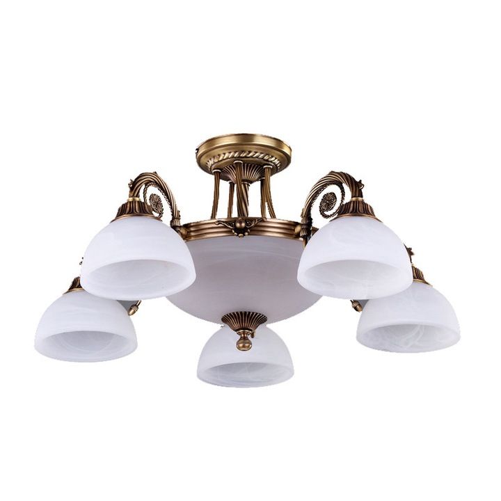 Bussy Lighting 3087 5 karos csillár, E27 5x60w + E14 3x40w, sárgaréz, fém, bronz-antik / fehér üveg kivitel