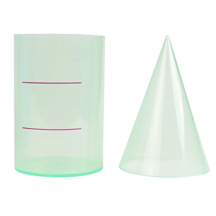 Set de instrumente didactice geometrice, 15x10x10cm, plastic transparent, pentru invatarea volumului conic si cilindric