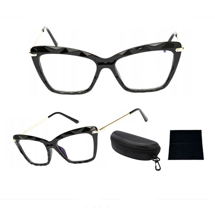 Ochelari PC, anti Lumina Albastra, Rame ochelari pisica, Metal, plastic, Cutie, Laveta ochelari, Elegant, simplu, la moda, Negru