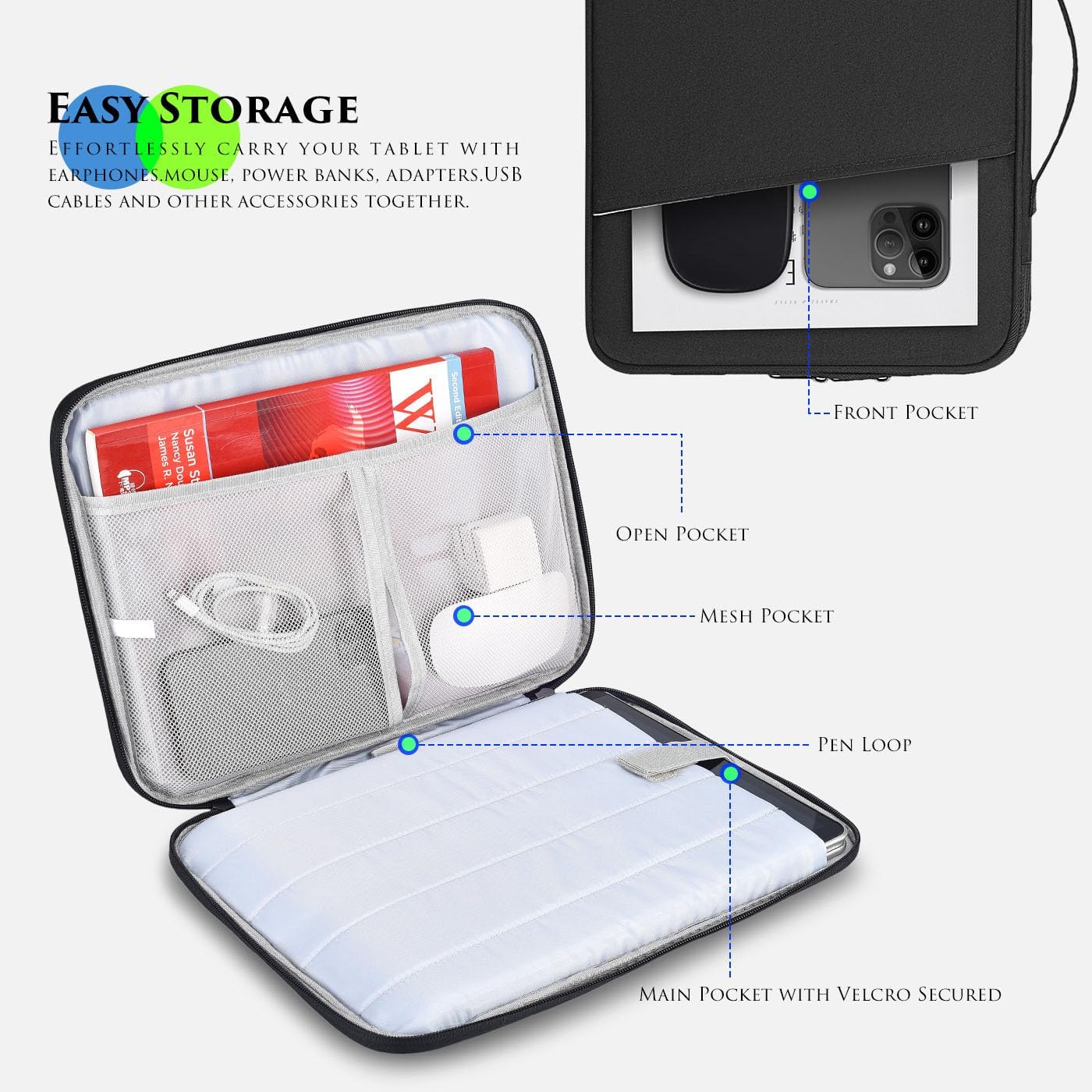 Husa de protectie geanta de transport, pentru tableta 10.8-11, compatibila Apple iPad 10.2/10.5/10.9, Apple iPad Pro 11, Anti-coliziune-zgaria, Poate stoca telefoane mobile, cabluri de date, 30 x 23 x 3cm, Negru