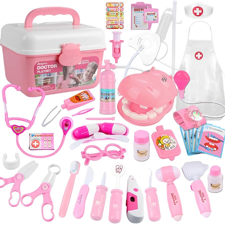 Set Joaca Doctor, BYONDSELF®, 45 Bucati, cu Uniforma de Medic, Stetoscop, Valiza, Joc Creativ, 3 Ani+, Roz