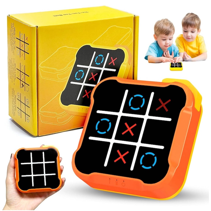 Joc interactiv electronic Tic-Tac-Toe, Joc X si 0, Consola digitala tip puzzle 4 in 1, portabila, pentru copii si adulti, 3-12 ani, OUYLAF, Portocalie