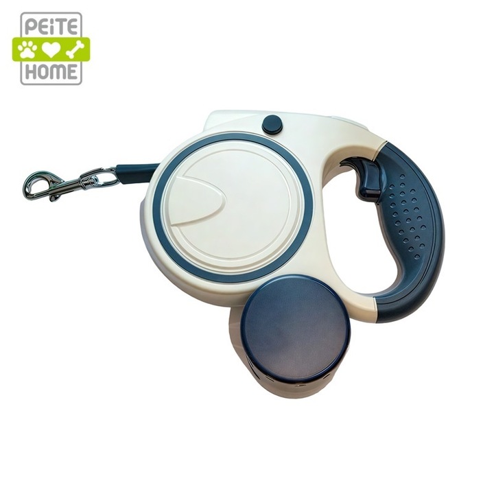 Lesa retractabila automata 5m, pentru caini mici sau medii, capacitate maxima 20 kg, cu lanterna si dispenser pentru saci, albastru inchis, 21x11x4cm