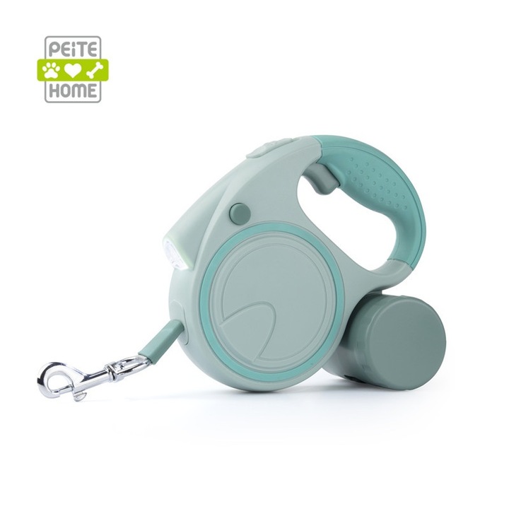 Lesa retractabila automata 5m pentru caini mici si medii, capacitate maxima 20 kg, cu lanterna si dispenser pentru saci, verde masliniu, 21x11x4cm