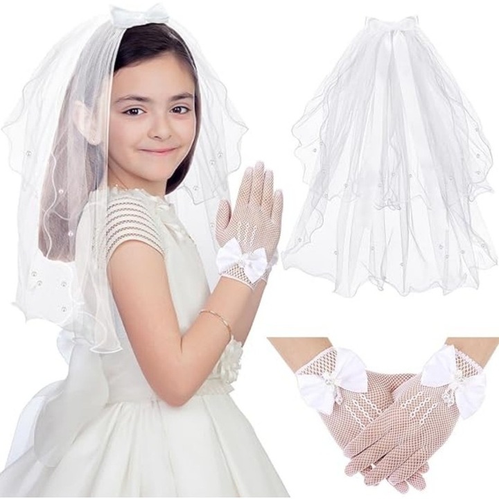 Set de 2 manusi din plasa si voal pentru copii, alb