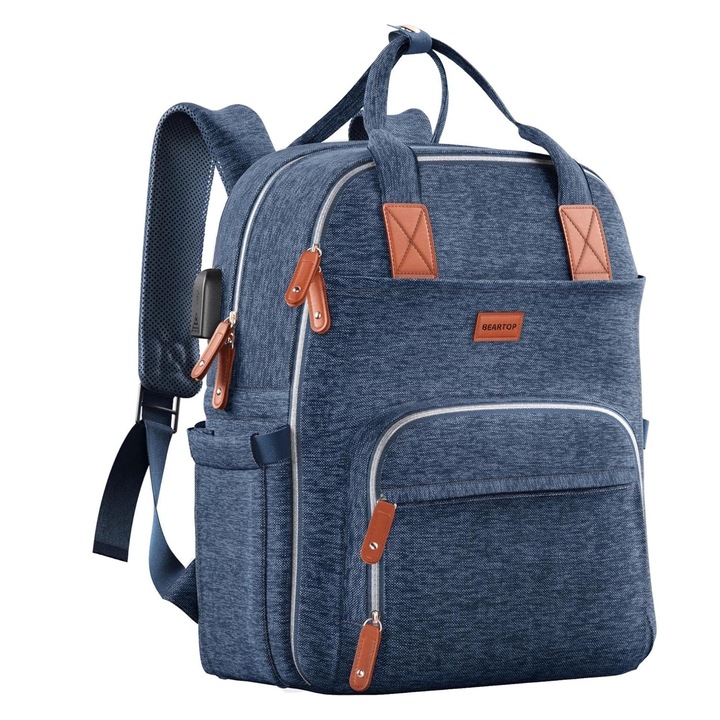 Rucsac pentru Mamici, Bebelusi si Copii, Multifunctional, Impermeabil, Prindere Carucior / Troler, Beartop, Travel Organizer set cu Changing Pad- Care, 40 X 25 X 16 cm, Albastru