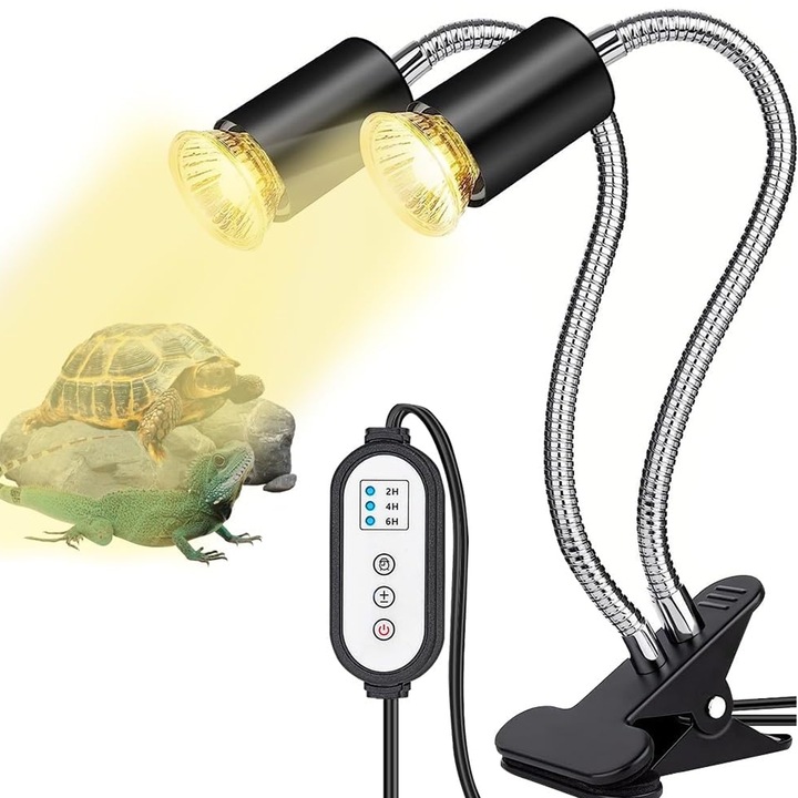 Hüllő fűtőlámpa, SINBINTA, 2 UVA/UVB izzó (25W + 50W), Időzítővel (2óra, 4óra, 6óra), Dupla fej, 360 fokban forgatható, Teknősöknek és gyíkoknak, Fém/Kerámia, 47,5x10,5x7,5cm, Fekete/Ezüst