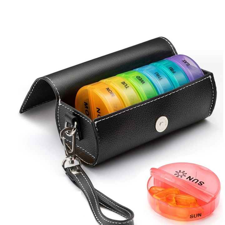 Cutie pastile, organizator medicamente saptamanal, cu carcasa din piele PU pentru calatorie, Axroad Mall, cu 7 compartimente, dimineata si seara, Recipiente Detasabile, Portabil, Plastic, 13.5 x 6.9cm, Multicolor