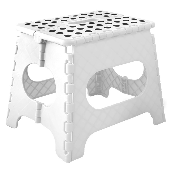 Сгъваем стол с дръжка, SINBINTA, Неплъзгащ се, Максимално натоварване 150 кг, Елегантност и комфорт, Преносим, Ергономичен дизайн, За кухня, градина, баня, пътуване, къмпинг и риболов, Пластмаса, 29x22x27 см, Бял/Черен