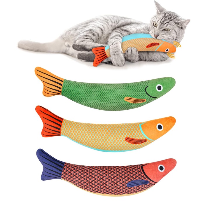 Комплект от 3 играчки за котки, за ритане с мрънкащ звук, Axroad Mall, рибка със звук, устойчиви на надраскване и ухапване, пълни с котешка трева, памук, многоцветни, 25 см