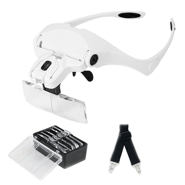 Lupa de cap Handy, Axroad Mall, Ochelari cu 5 lupe interschimbabile si iluminare led, Lentila dubla, Rezistent la zgarieturi si usor de schimbat, 3 x AAA Baterie(Nu este inclus), Pentru lectura, cusut si lucrari apropiate, Alb