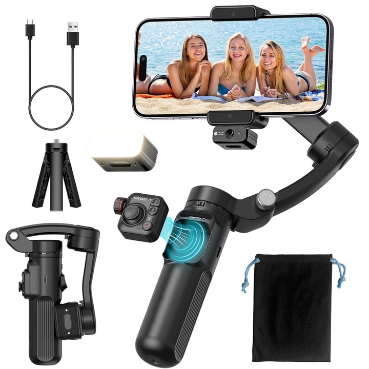 Комплект стабилизатор Dasbo Gimbal Pro, За телефон и GoPro, Подвижно дистанционно управление, AI Tracking автоматично проследяване, Приложение, съвместимо с iOS и Android, RGB подвижна светлина, Zoom, Включен статив и калъф, Черен