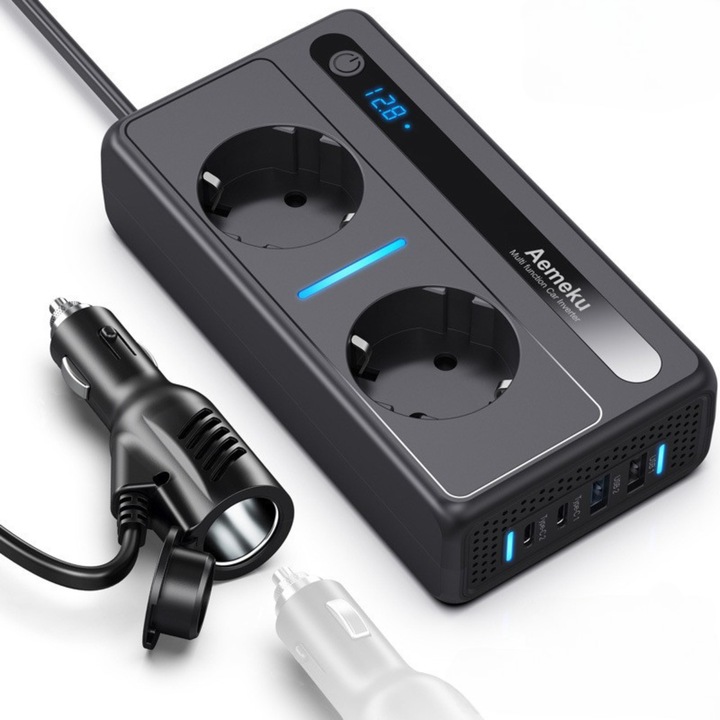 Авто инвертор 12/24 V, Изходно напрежение 220V, Мощност 300W, 2 EU конектора, 2 USB порта, 2 порта Type-C, Цифров дисплей, свързан към запалката, Температурна защита, Черен