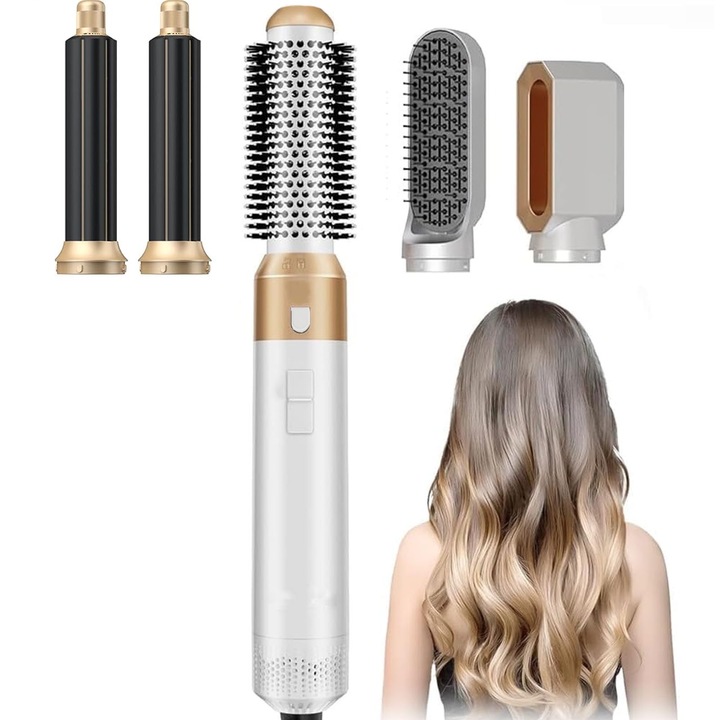 Електрическа четка за коса 5 в 1 за обем, Hggzeg, Маша, 5 стилизиращи глави, Въртящ се кабел, Сушене, изправяне и къдрене на коса, 3 температурни настройки, Термостатична грижа за косата, 1000 W, Метал/ABS, 3.3 * 36 см, Жълта