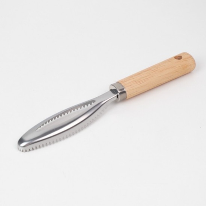 Dispozitiv pentru curatat solzii de peste, inox, maner de lemn, 22, 5x3 cm