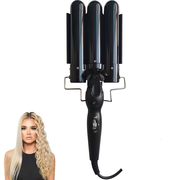 Ondulator, Hggzeg, Ondulator de par 3 tuburi, 2 Trepte temperatura, 180° C-210 ° C, invelis ceramic, fara deteriorare par, cablu de 1.6 m lungime, potrivit pentru orice lungime si tip de par, 220V, 130W, 32mm, Metal, 37 * 10cm, Negru