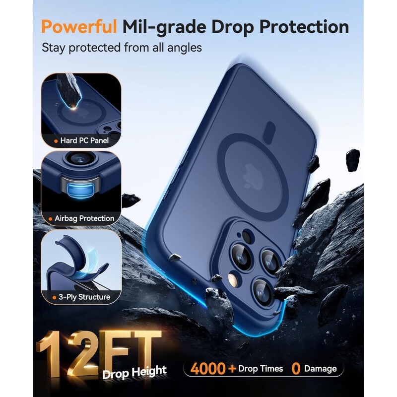 Husa Compatibila MagSafe pentru Apple iPhone 16Pro Max | Design Slim cu Margini Ridicate si Acoperire Completa a Camerelor | Sistem Magnetic Integrat | Suport pentru Incarcare Wireless | Albastru inchis