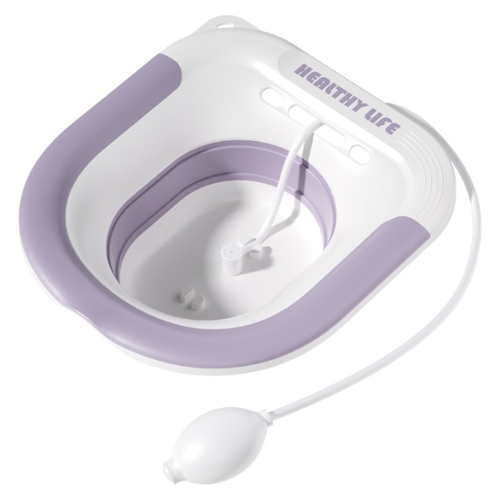 Седяща вана, SINBINTA, Сгъваема, тип мивка с регулируем иригатор, адаптивна към тоалетната, ергономичен дизайн, за лечение на хемороиди, след раждане и локална хигиена, пластмаса/TPE, 39x35x12,5 см, лилава/бяла