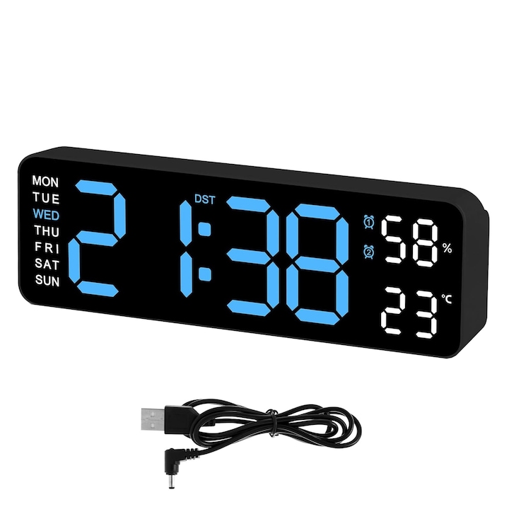Цифров LED часовник, SINBINTA, 10-инчов екран, 4 регулируеми нива на осветление, с температура, влажност, календар, 2 настройки на алармата, ABS, 22.8x3.5x7.5см, Черен