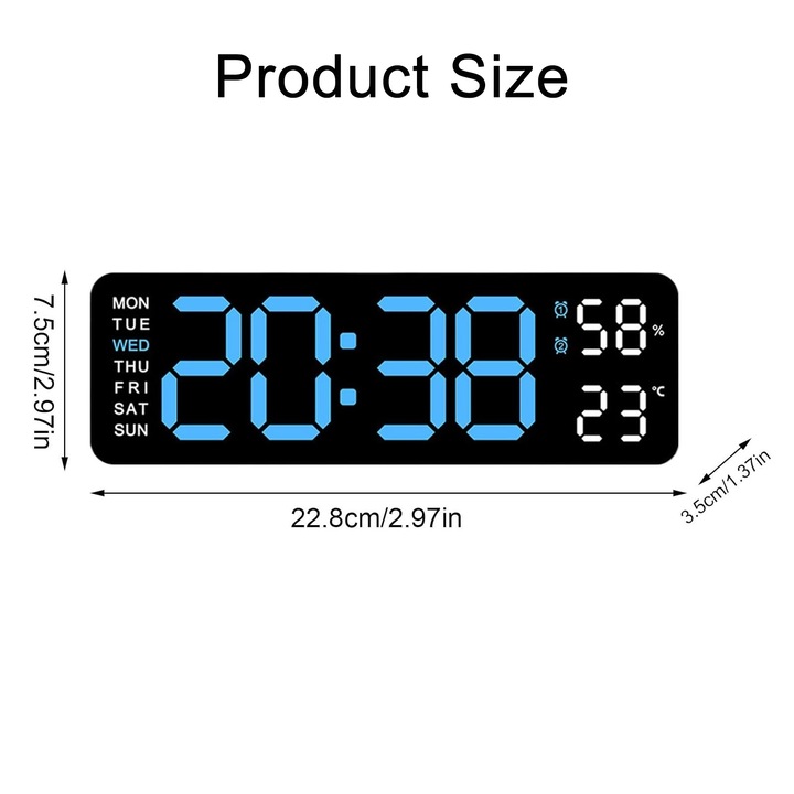 Ceas Digital de Perete cu Led, SINBINTA, Ceas de Masa Digital cu Afisaj LED Albastru, Ecran mare de 10 inchi, 4 niveluri de lumina reglabile, Cu temperatura, umiditate, calendar, 2 setari de alarma, ABS, 22.8x3.5x7.5cm, Negru
