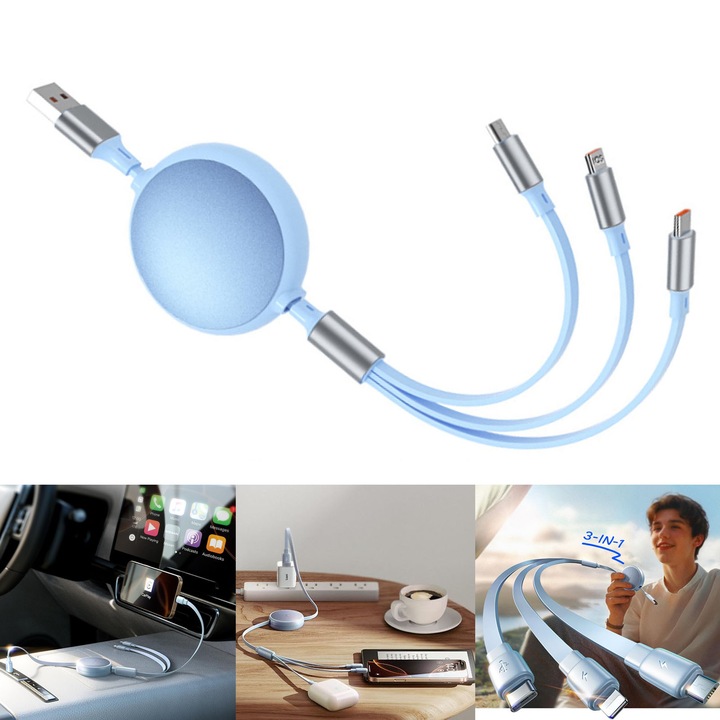 Cablu de Date 3 in 1, SINBINTA, Cablu de Incarcare Rapida Retractabil, USB-C, Lightning, USB, Micro-USB, 100W, 6A, Rezistent la indoire si uzura, Flexibil, Portabil, ABS/Aliaj de aluminiu, 1.1m, Albastru