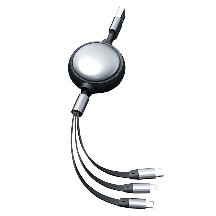 Кабел за данни, SINBINTA 3 в 1, прибиращ се кабел за бързо зареждане, Type-C, USB-C, Micro-USB, 100 W, 6 A, устойчив на огъване и износване, гъвкав, преносим, ABS/алуминиева сплав, 1,1 м, черен