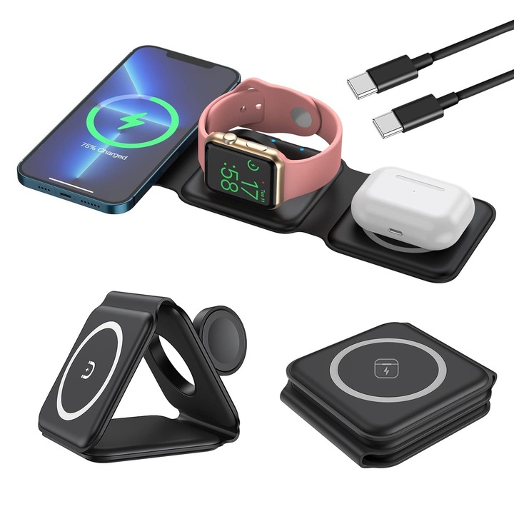 Incarcator Wireless 3 in 1 Magnetic, SINBINTA, Fast charge 15 W, Tehnologie MagSafe, Cablu Type-C inclus, Pliabil, Ultra-portabil, Foarte subtire, Compatibil telefon, smartwatch, iPhone, Huawei, Samsung, ABS, 230x8x72mm, Negru