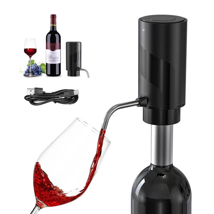 Decantor Inteligent de Vin si Alte Bauturi, SINBINTA, Decantor automat, Aerator integrat, Presa, Incarcare USB, Usor de transportat si curatat, Folosit pentru adunari de familie, zile de nastere, ABS, 55×113.8×120mm, Negru