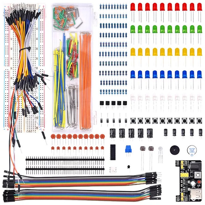 Стартов комплект за начинаещи, съвместим с UNO R3 Component Pack, комплект електронни компоненти за начинаещи, с макет, потенциометър, захранващ модул, резистори и кондензатори, за обучение