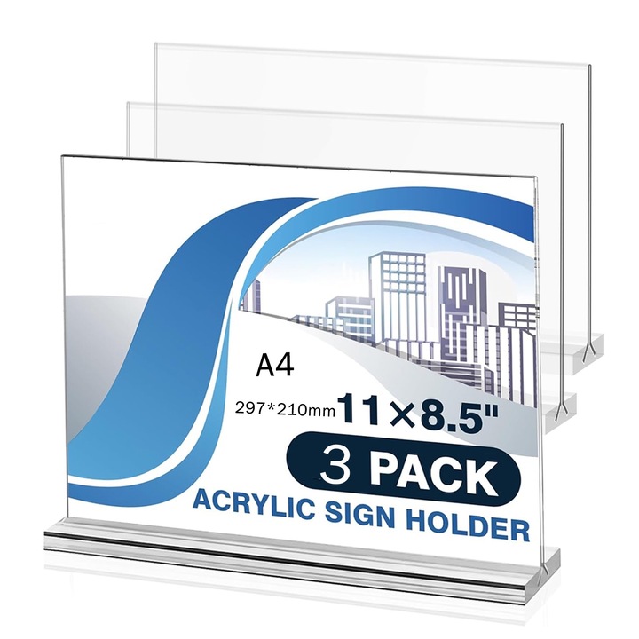 Set 3 Suport de afisare transparent cu doua laturi, Suporturi afise, SINBINTA, A4/297x210mm, Orizontal, Usor de demolat, Cadru din plastic pentru magazine, Restaurante, Hoteluri, Birouri, Acril, Transparent