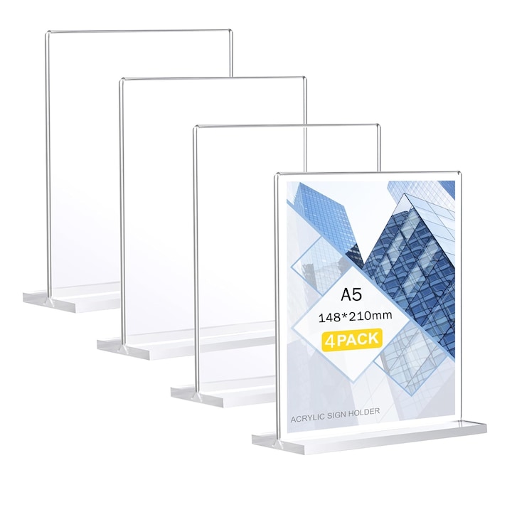 Set 4 Suport de afisare transparent cu doua laturi, Suporturi afise, SINBINTA, A5/148x210mm, Vertical, Usor de demolat, Cadru din plastic pentru magazine, Restaurante, Hoteluri, Birouri, Acril, Transparent