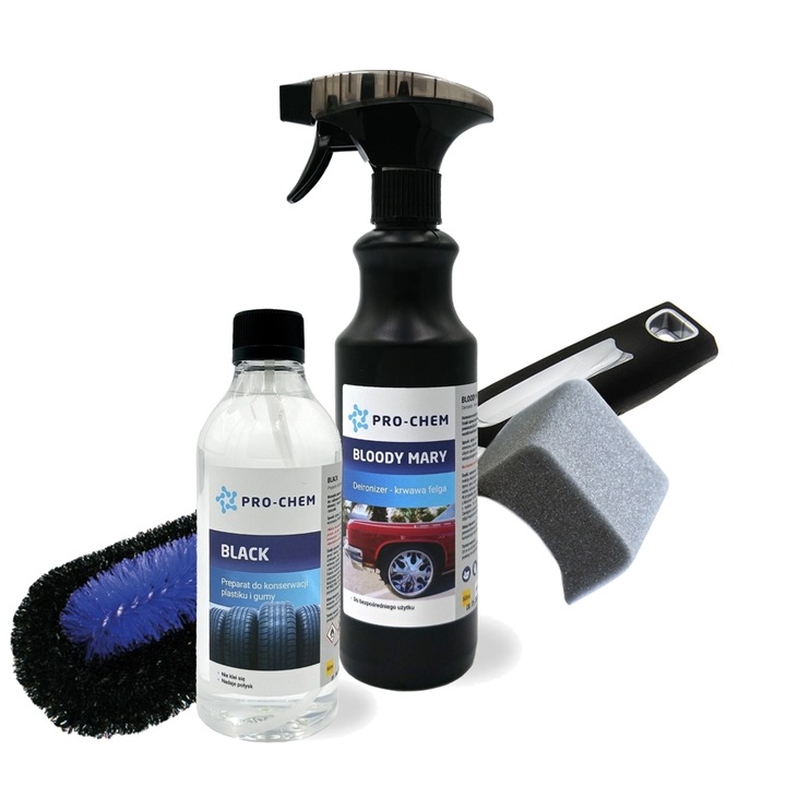 Комплект - PRO-CHEM Bloodmary Wheel Cleaning Solution 500ml + черен дресинг + апликатор + синя четка Kaja