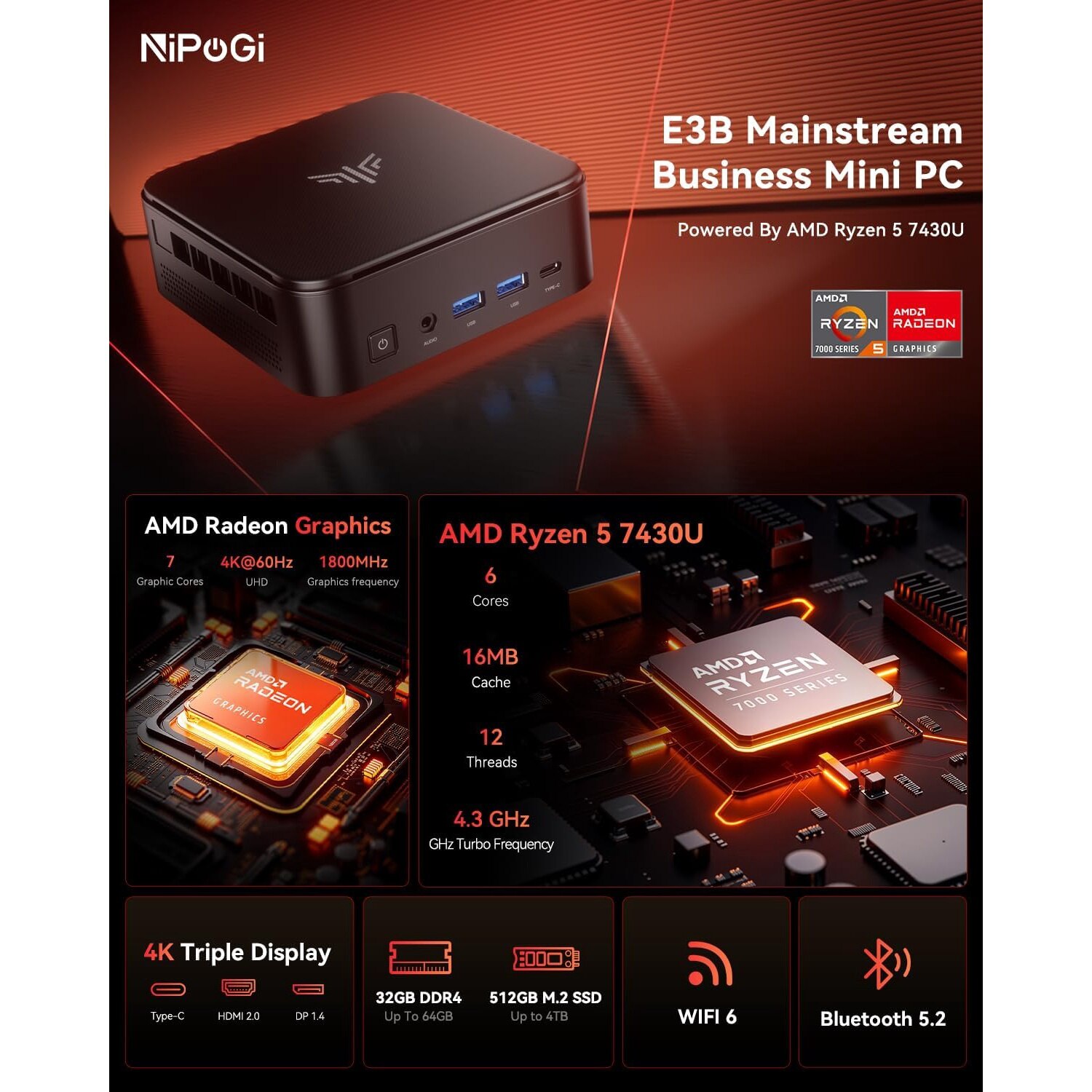 Mini Desktop PC NiPoGi Windows 11 Pro procesor AMD Ryzen 5 7430U