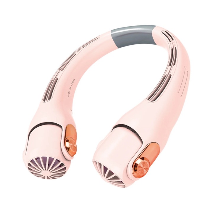 Преносим вентилатор за врата, дизайн на слушалки, 3 скорости, USB захранване, розов, за вътрешна и външна употреба