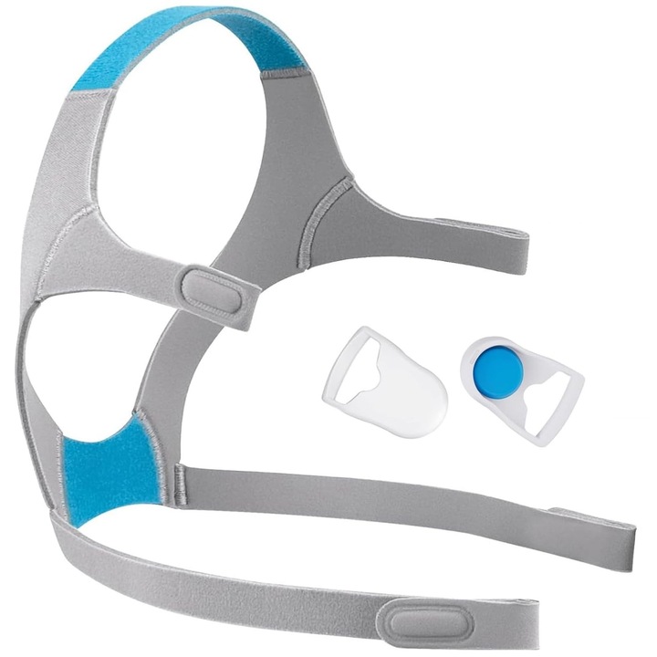 Curea pentru masca CPAP, SINBINTA, Curea pentru masca, Cu cleme magnetice puternice, Reglabila, Moale, Reutilizabile, Rezistent la deformare, Usor de utilizat, Lavabil, Respirabil, Compatibile cu AirFit F20/N20, Nylon/Poliester, 59.5*33cm, Gri/Albastru