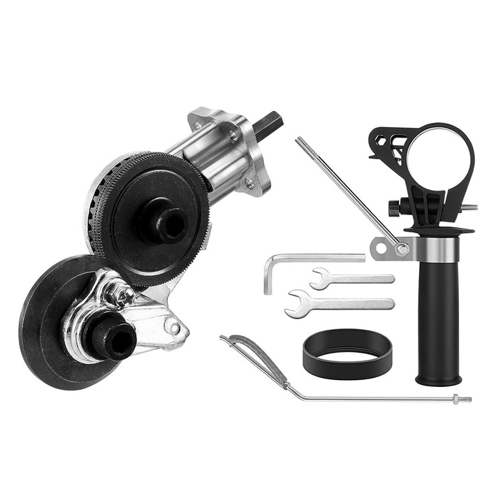 Adaptor taiat tabla cu role pentru bormasina, SINBINTA, Cu suport de atasare inclus, Ascutita, Pentru taierea tablei, aluminiului, otelului, cuprului si fierului, Otel carbon, 110*7mm, Argintiu/Negru