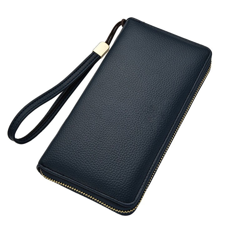 Portofel dama lung din piele moale, albastru, cu fermoar, set organizator carduri
