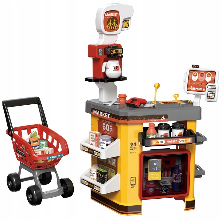 Set supermarket cu scanner casa de marcat si 65 accesorii incluse Yellow